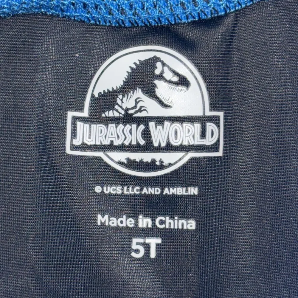 Boys Jurassic World Dinosaur Rash Guard Swim Trunks Outfit Set Blue size 5T